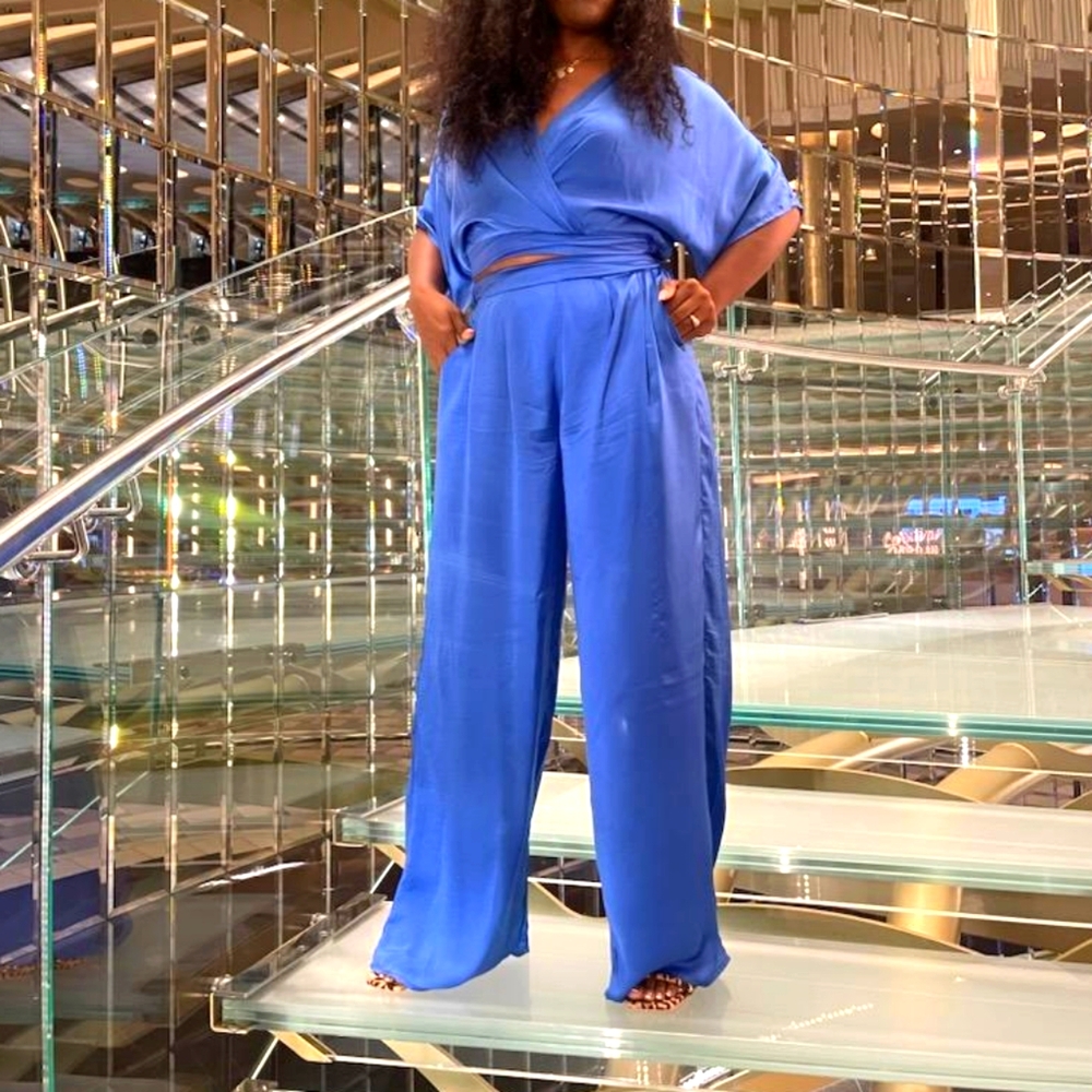 Blue chiffon 2 piece wide leg outfit
